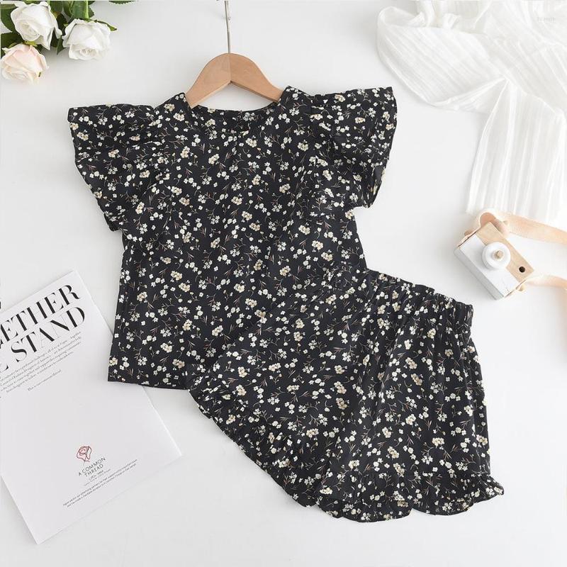 

Clothing Sets 2023 Summer Baby Girls Set Floral Flounced Sleeve Doll Shirt And Short Pants Two-Piece 2-8 Years, Black
