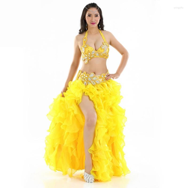

Stage Wear #879 Egyptian Belly Dance Outfit Set Beaded Bra B/C Cup Wave Skirt Egypt Costume Professional, Gold 3pcs suit