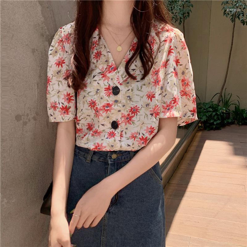 

Women's Blouses Top Femme Women's Summer Turndown Collar Single Breasted Floral Flowers Fashion Chiffon Shirt Short-sleeved Thin, Pink
