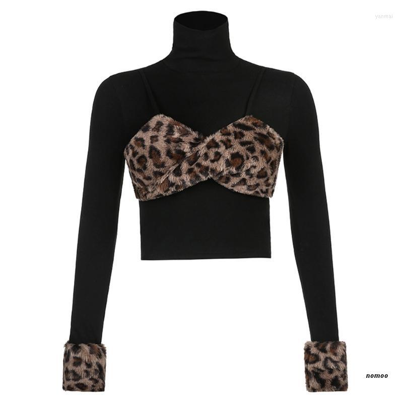 

Women' T Shirts Women Long Sleeve Turtleneck Crop Top Fake 2Pcs Furry Leopard Patchwork T-Shirt, Picture shown