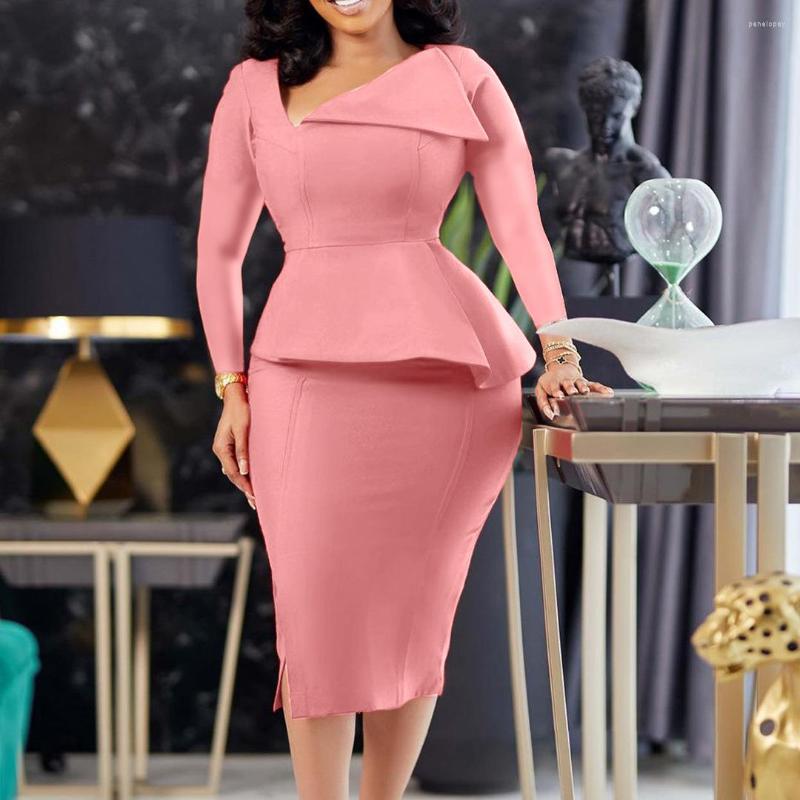 

Casual Dresses Autumn Winter Fashion OL Dress African Women Elegant Diagonal Collar Long Sleeve Stitch Slim, Yellow