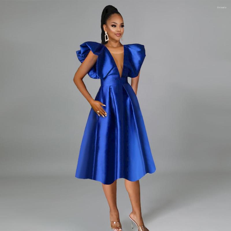 

Casual Dresses Autumn Deep V Low Chest Sexy Dress Mesh Covers Pleated Women's A-Line Club Party For Woman Streetwear Vestidos, Blue