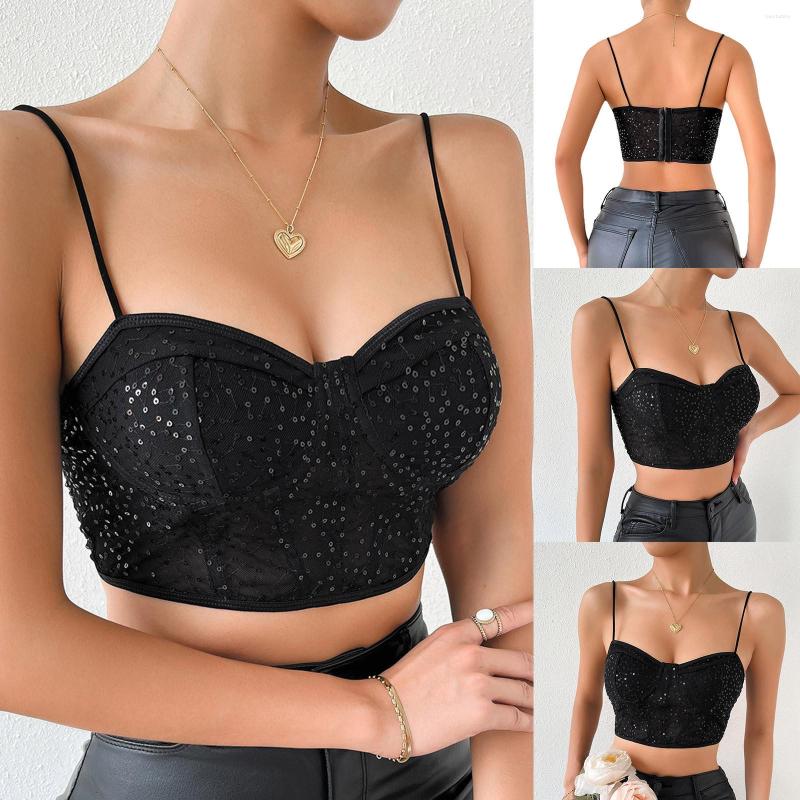 

Women's Tanks K&Y Fashion Woman Bra Spaghetti Strap Beaded Vest Top Mesh Sequined Suspenders Unique Sexy Corset Crop, Bk