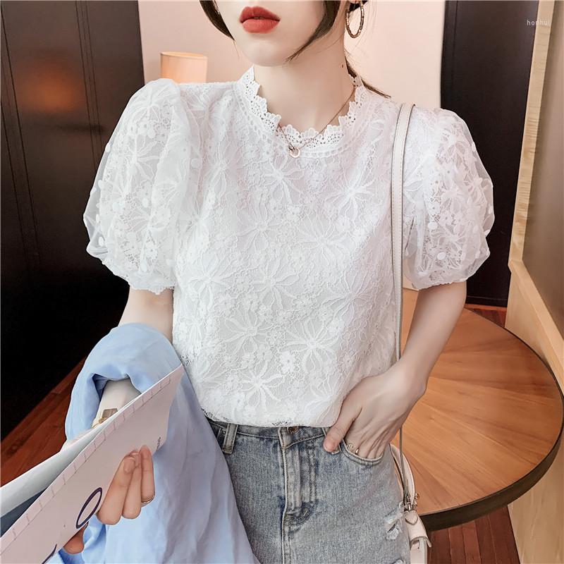 

Women' Blouses 2023 Summer Women Tops Fashion Casual Sweet White Lace Blouse Elegant Short Puff Sleeve Shirt Female Blusa Clothes