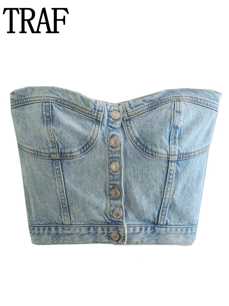 

Women's Tanks Camis TRAF Blue Corset Top Women Off Shoulder Denim Crop Top Female Y2K Backless Sexy Tube Top Woman Party Summer Tops Streetwear 230317