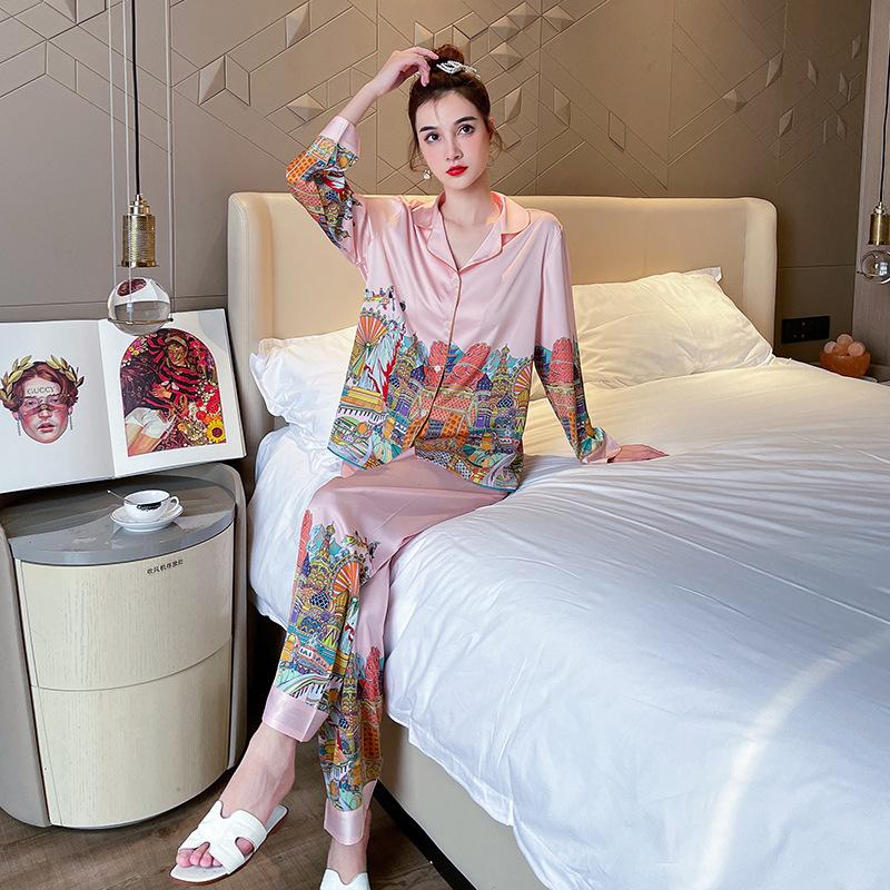 

Women's Sleepwear Fashion Two-piece Pajamas Ice Silk Home Wear Women Long Sleeve Trouser Cartoons Sets High Quality Luxury PyjamasWomen's, 5634