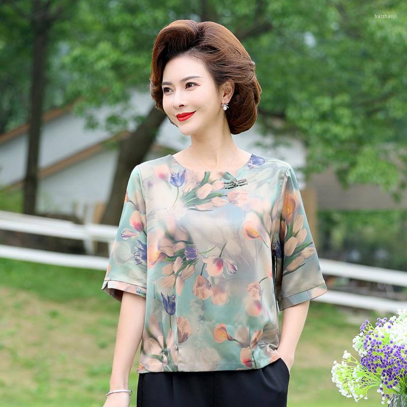

Women's Blouses Korean Temperament Vintage Flower Print Silk Satin Shirts For Women Fashion Round Collar Half Sleeve Office Lady 5XL, Blue