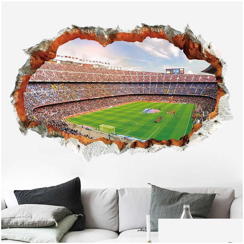 broken wall 3d soccer field wall stickers for kids baby rooms bedroom home decoration mural poster football sticker art decals y0805