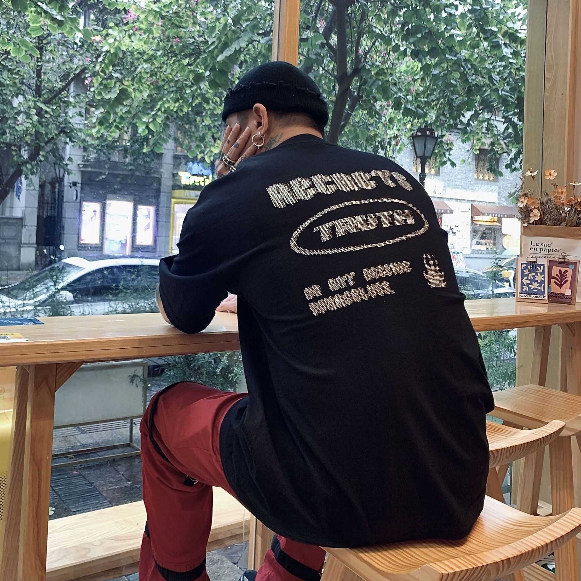 

Vivgae22 fashion men' hot diamond flame print short sleeve T-shirt women' summer loose lovers' wear for men and women, Black