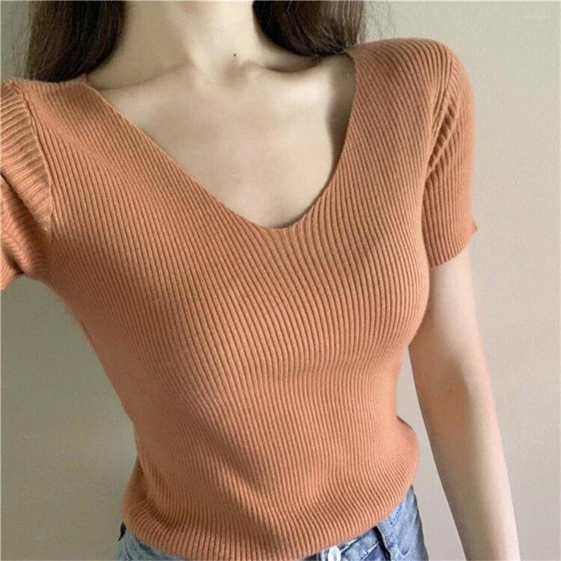 

Women's Tanks Sexy Women T Shirt Ribbed Knitted V-neck Short Sleeve Ladies Solid Top Tee Fitness Korean Clothes Camiseta Mujer, Beige