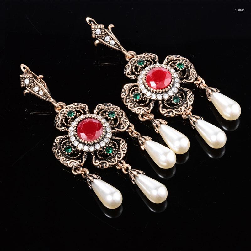 

Dangle Earrings Turkish For Women Vintage Gold Boho Jewelry Big Long Pearl Flower Piercing Tassel Brincos 2023