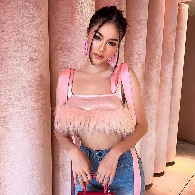 

Women' Tanks Sexy Bandage Furry Hem Vest Women Fashion Square Collar Pink Lace Up Backless Club Party Tank Crop Top Y2k Clothes Streetwear, Pink top