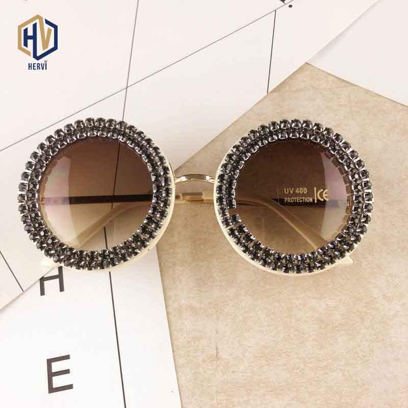 

Sunglasses Fashion Round Women Lady Metal Rhinestone Decoration Big Frame Sun Glasses Gradient Eyeglasses UV400