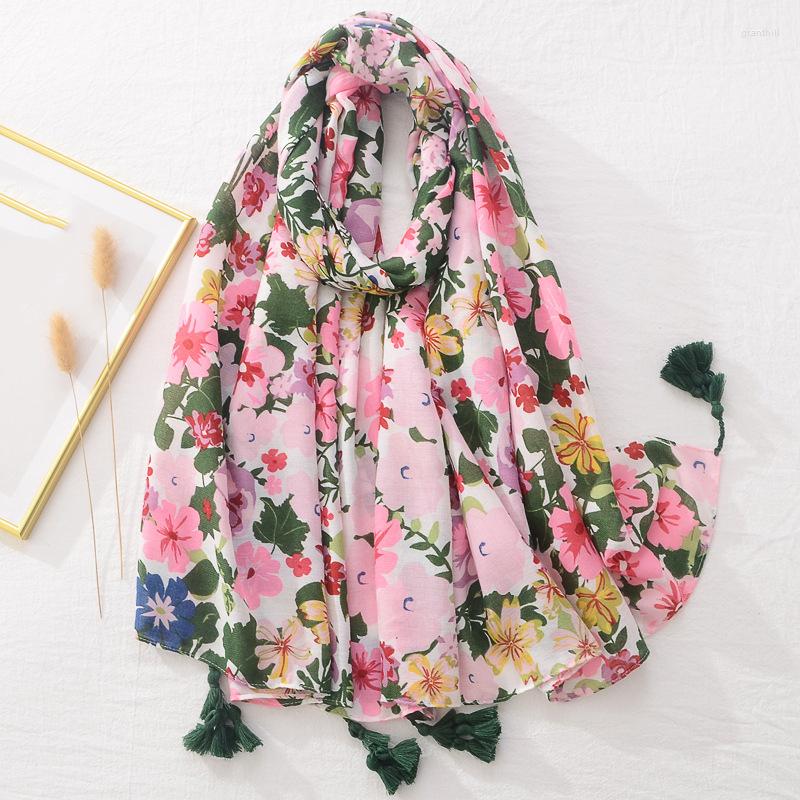 

Scarves Plant Floral Printing Fashion Tassel Scarf For Muslim Women Shawl Hijabs Soft Ladies Large Beach Towel Luxury Head Wraps