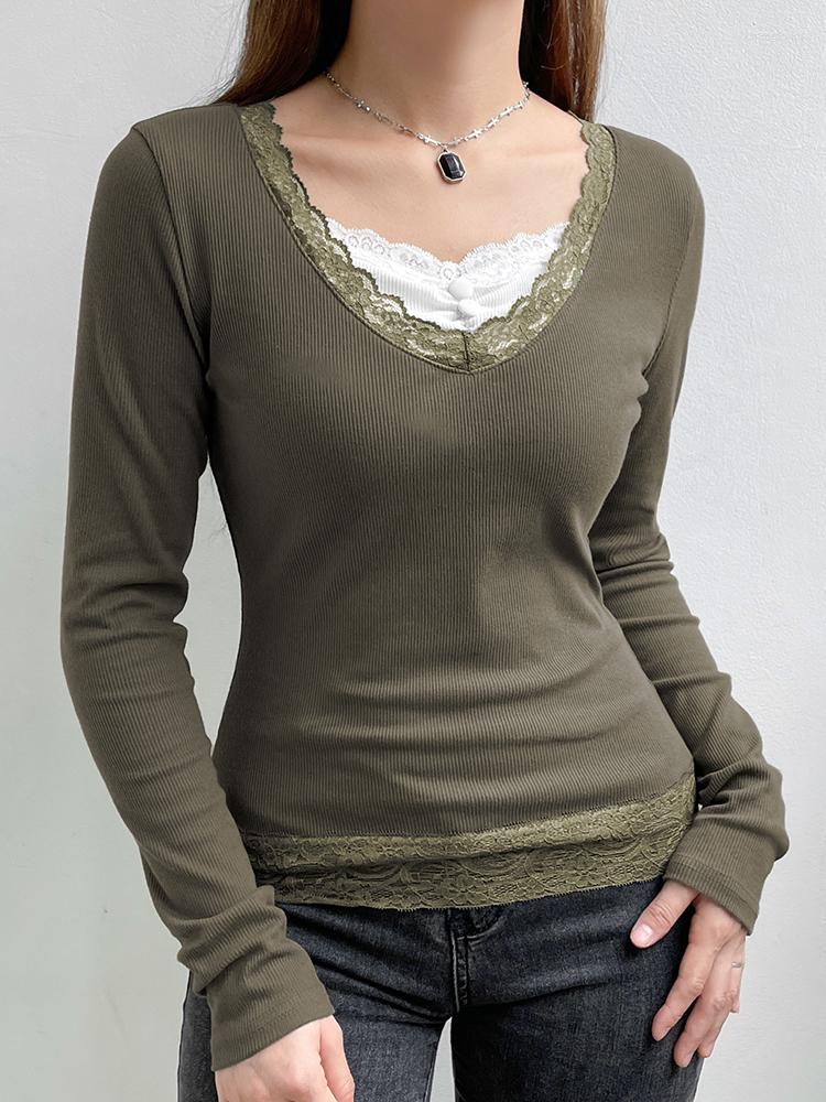 

Women' T Shirts WeiYao Retro Green Ribbed Basic Tops Slim Long Sleeve Fall Outfits Women Lace Trim Cute Y2K Contrast Neckline Vintage