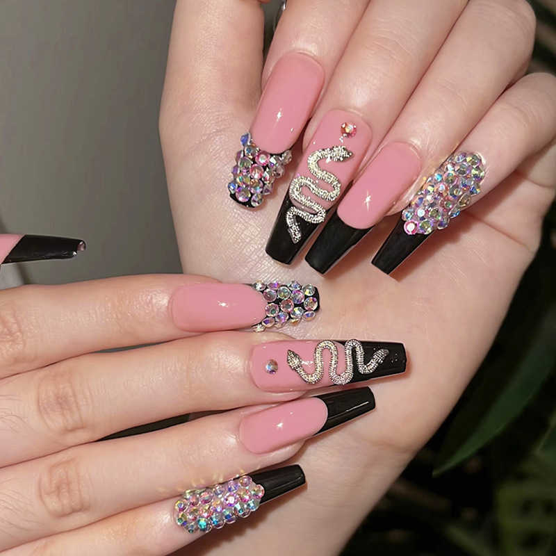 

False Nails Wearing Bare Pink Black Border Pseudo Snake Pile Drill Long Ballet Enhancement 230317