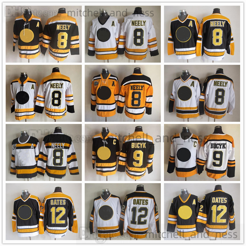 

Movie Vintage Hockey Jersey Retro CCM Embroidery 8 Cam Neely Jersey 9 Johnny Bucyk 12 Adam Oates White Black Yellow Jerseys, Aspicture (with team name)