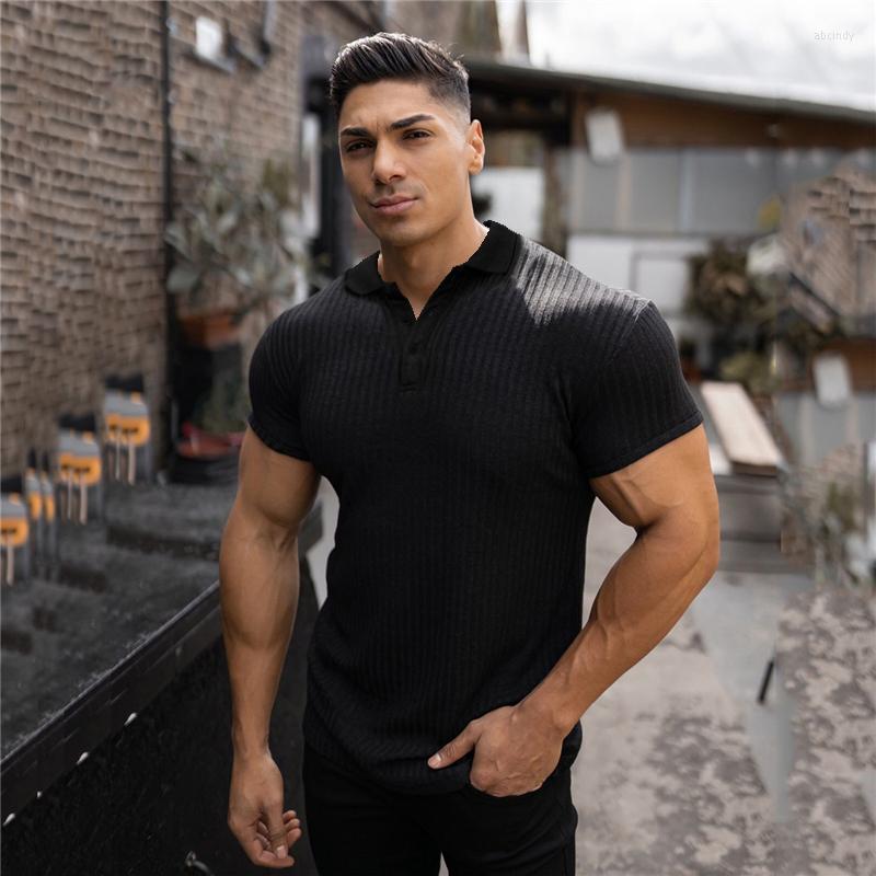 

Men's Polos Knitted Polo Shirt Men Gym Fitness Skinny Short Sleeve T-shirt Male Bodybuilding Tee Sports Summer Workout Clothing, Blue