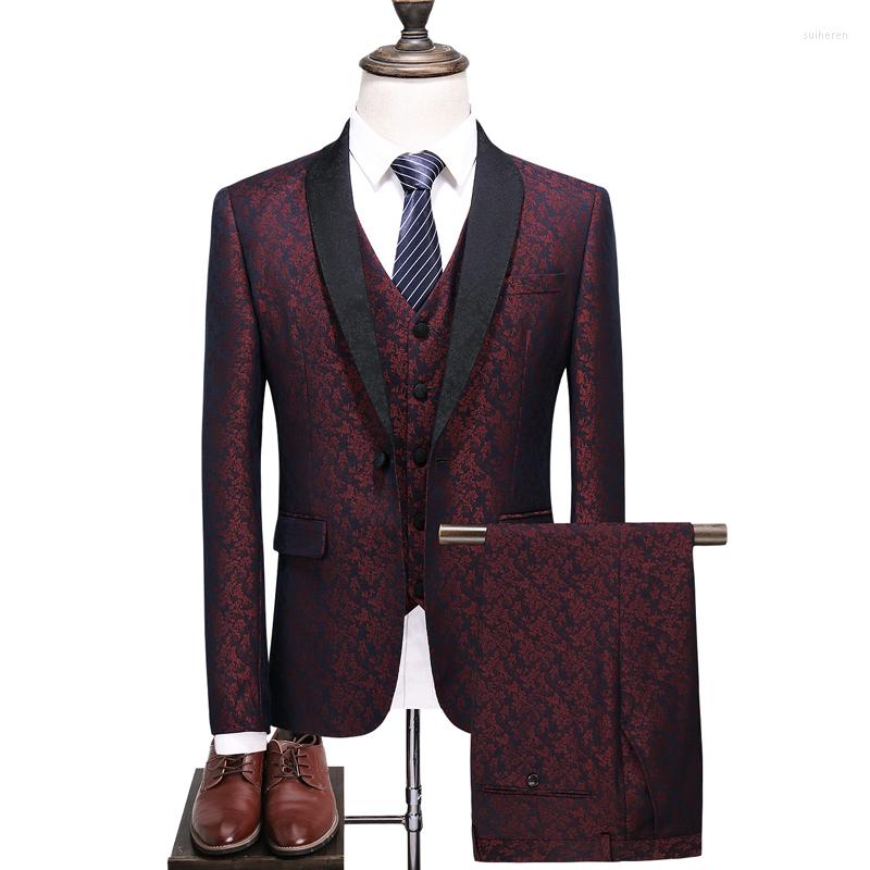 

Men's Suits Four Seasons Brand Printed Wine Red Men's Business Casual Suit Three-piece Formal Dress Single Breasted Jacket Vest Trousers