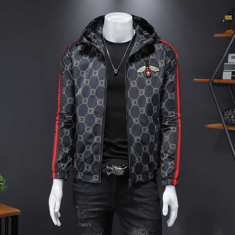 

2023 Spring Men Clothes Casual Top Jacket Slim Fit Print Long Sleeve Zipper Hooded Coat, Black