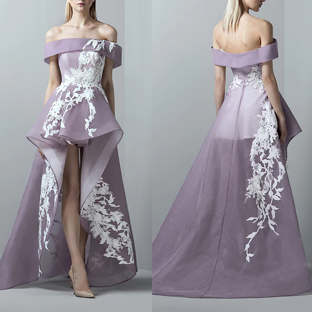 

Runway A-line Prom Dresses Strapless Off the Shoulder with Unique Applicant Pleats Hi-lo Backless Zipper Floor Length Custom Made Party Dress Vestido De Noite, Ivory