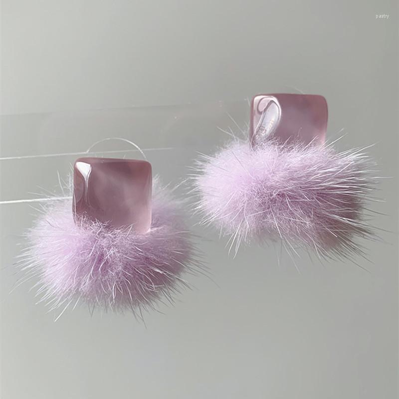 

Dangle Earrings Fashion Korean Purple Plush Ball Square Resin 2023 Autumn Winter Temperament Fantasy Women Fluffy Stud Jewelry