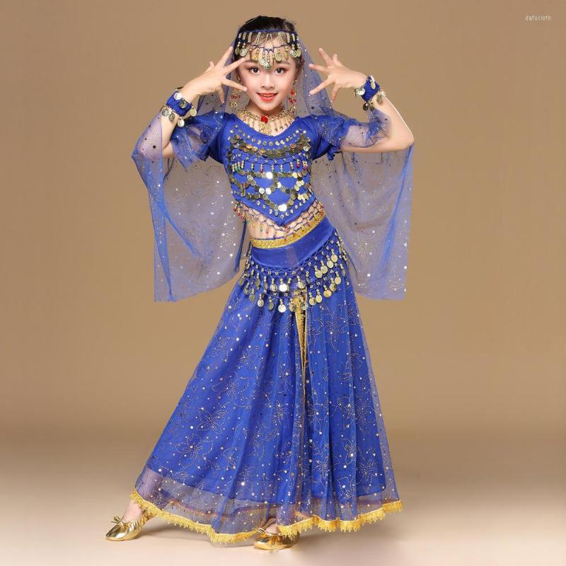

Stage Wear 2023 Children Dancewear Belly Dance Clothing Bollywood Costume For Kids 4pcs (Top Belt Skirt Veil Headpiece), Royal blue