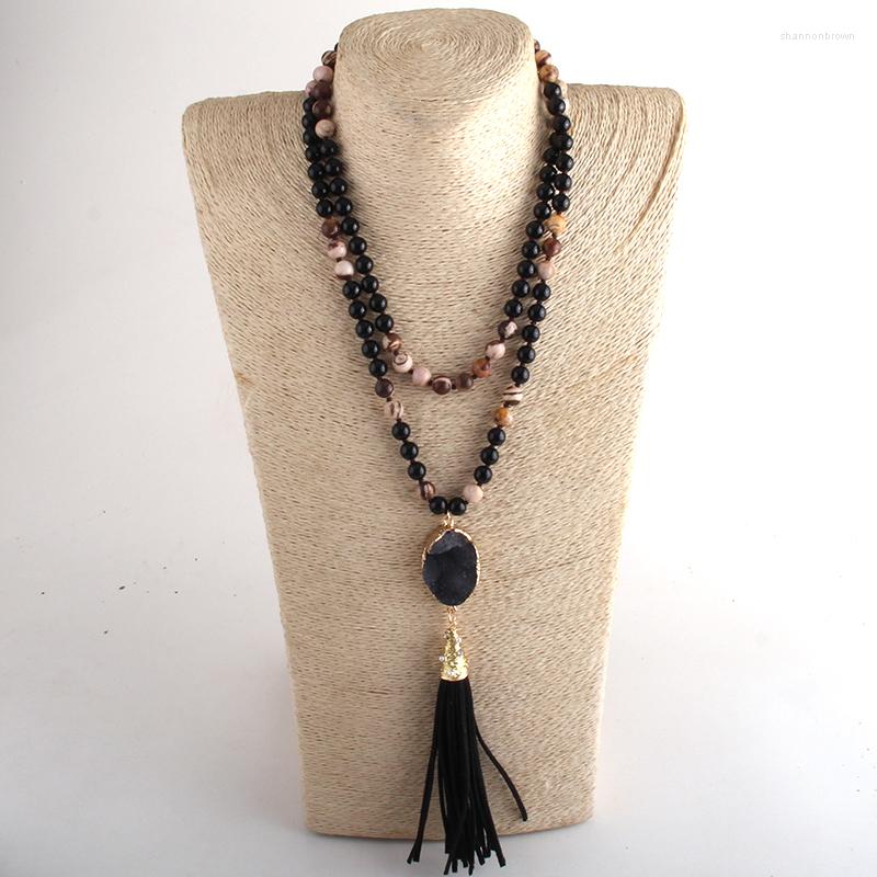 

Pendant Necklaces RH Fashion Boho Jewelry 108 Beads Knotted Stones With Stone Druzy Links Long Tassel Necklace Women Gift Dropship