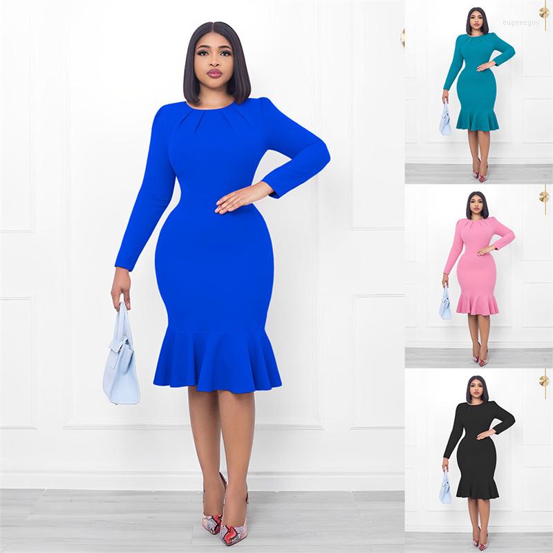 

Casual Dresses Ladies Solid Color Long Sleeve O-neck Close-fitting Lotus Leaf Dress Spring And Autumn Street Fashion Gentle, Green