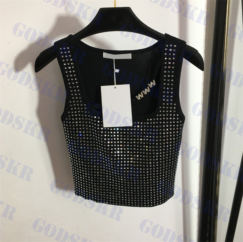 

Shiny Rhinestone Tanks Top Letter Logo Knitted Camis Vests Sexy Hollow Tops Clothes Two Colors, Pls contact me real pic