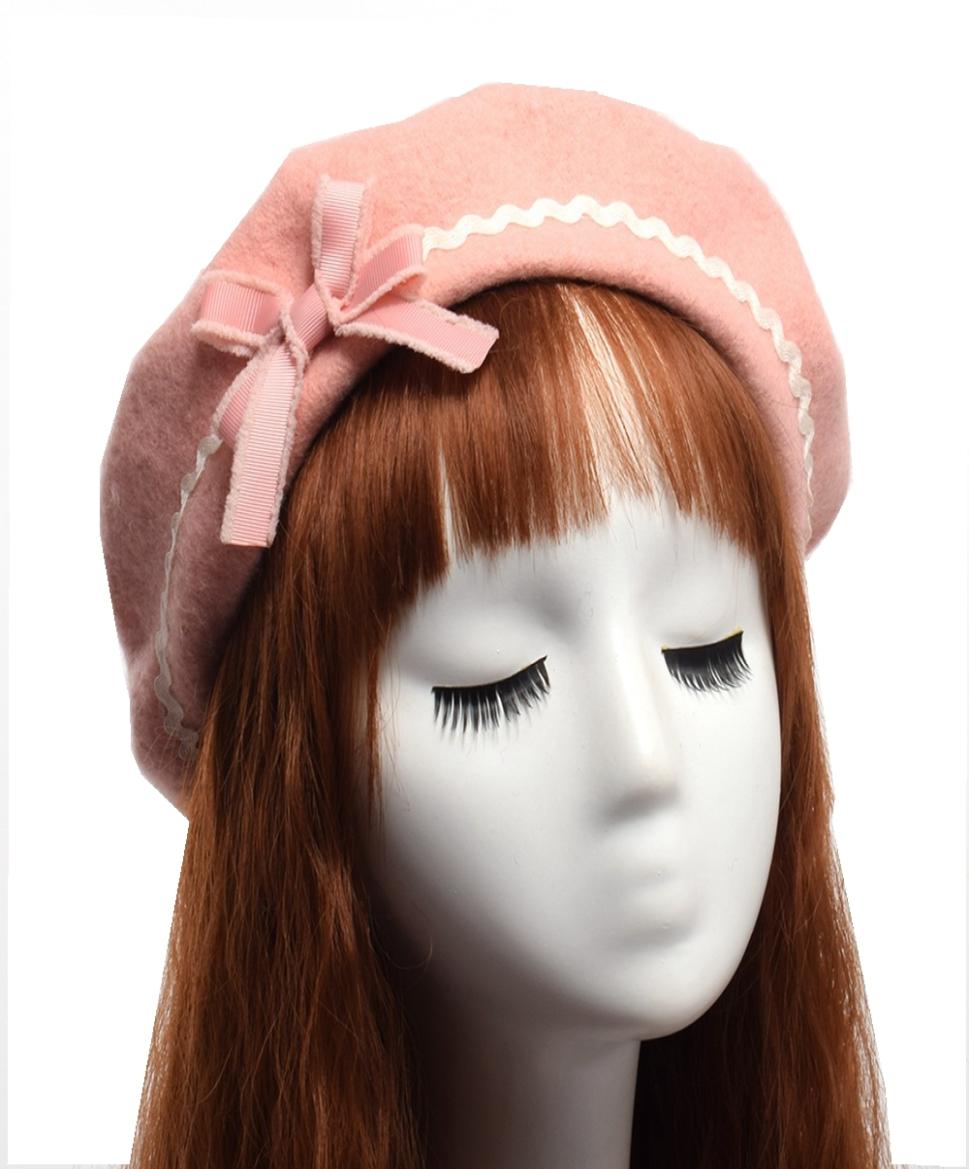 

Handmade Women Wool Lolita Beret Hat Raised Grain Bowknot Painter Beanie Cap 2010092465738, Pink