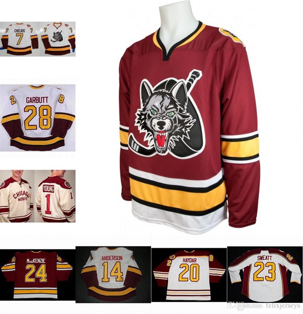 

Chicago Wolves 7 Chelios 14 Matt Anderson 25 Faxel 20 Darren Haydar 1 Young 28 Ryan Garbutt Mens Womens Youth 100% Embroidery Hockey Jersey, 23 bill sweatt