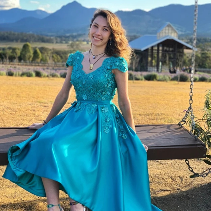 

Simple Pink Long Prom Dresses With Lace Cap Sleeve Sheath hi-lo Satin Evening Gowns Formal Party Gowns, Dark green