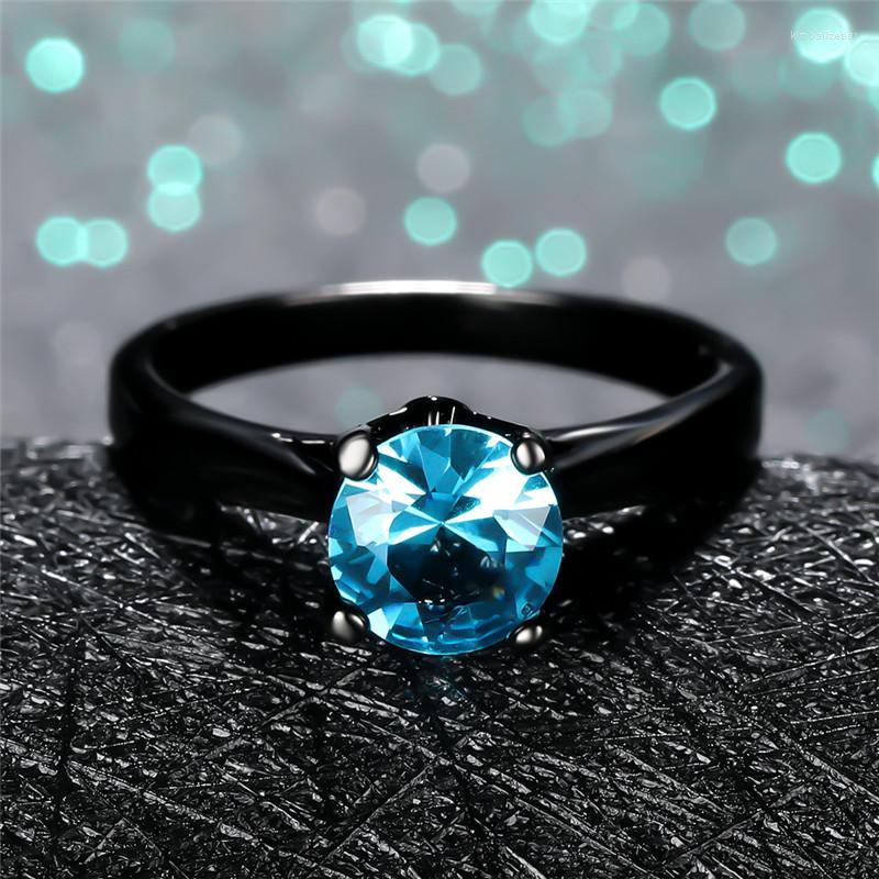 

Wedding Rings 7MM Round Aqua Blue Zircon For Women Jewelry Vintage Fashion Black Gold CZ Stone Engagement Ring Minimalist Gifts