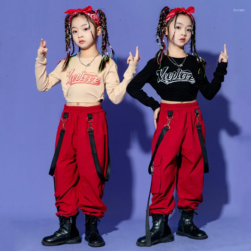 

Stage Wear Children Jazz Dance Costumes For Girls Crop Tops Cargo Pants Street Ballroom Hip Hop Practice Clothes DQS11974, Black top