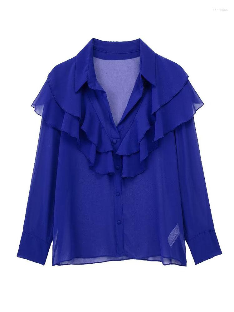 

Women's Blouses Summer Shirt Layered Decoration V-neck Translucent Long-sleeved Single-breasted Blue Blouse Chic Top, Deep blue