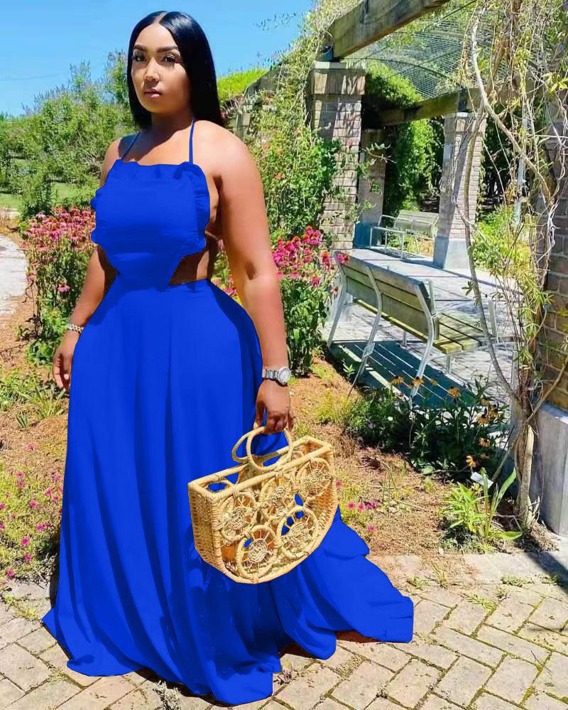 

Casual Dresses Felyn 2023 Quality DRESS Summer Solid Suspenders Backless Close-fitting Fit And Flare Floor Length Sexy Club, Blue