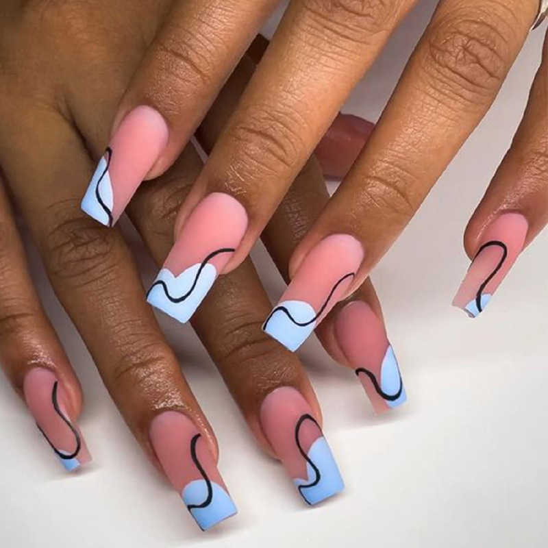 

False Nails Wearing Medium Length Simple Line Plate Press on French Style Finished Product 230317, Black