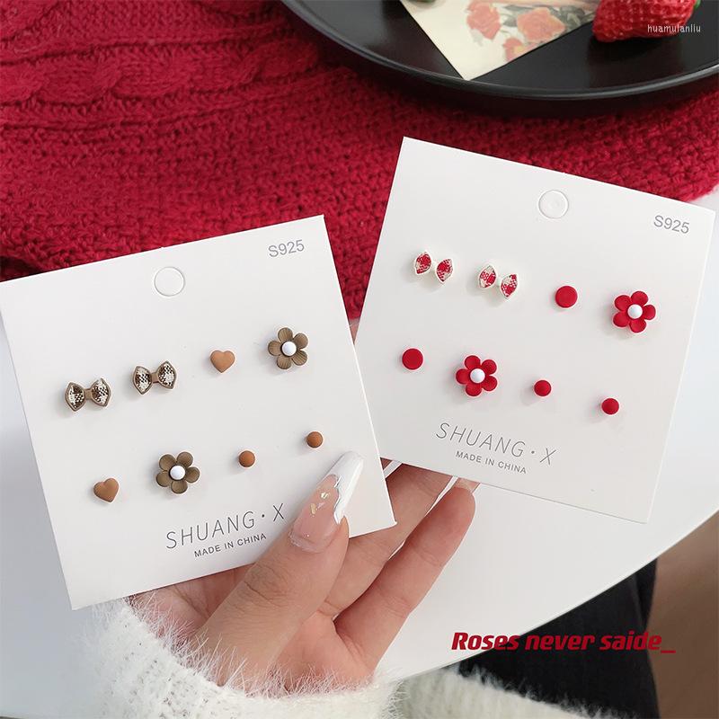 

Stud Earrings Silver Needle Plaid Bowknot Flower For Women Girls Autumn Winter Fashion Delicate Heart Geometric Jewelry