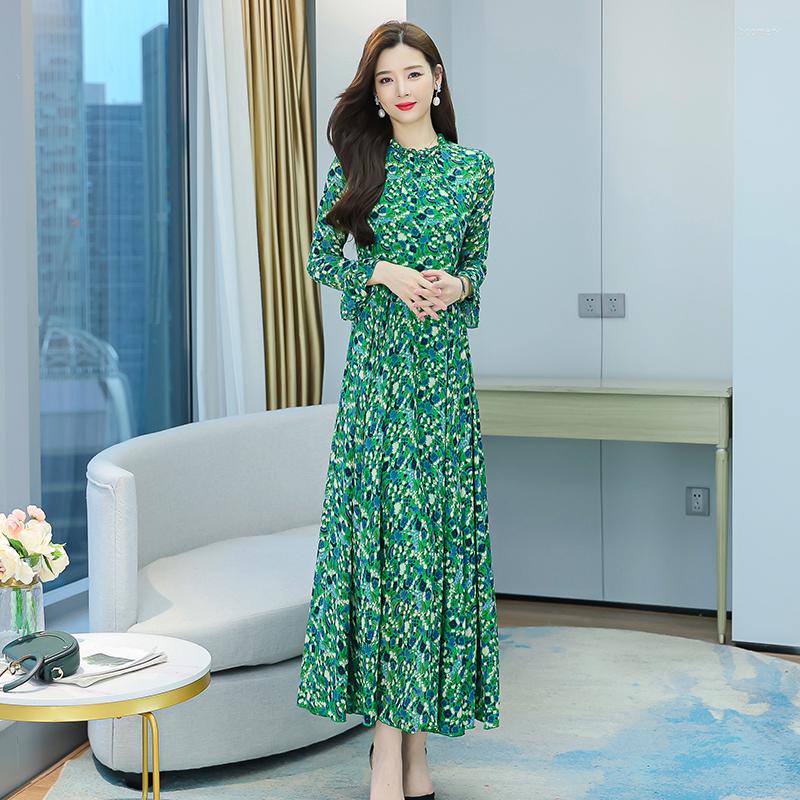 

Casual Dresses Fashion Green Floral Midi Dress Women Elegant 2023 Summer Full Sleeve Chiffon Long Commute Slim Female Vestidos