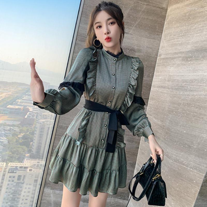 

Casual Dresses French Retro Court Style Dress 2023 Autumn Women Long Sleeve Flounce Single Breasted, Baby blue