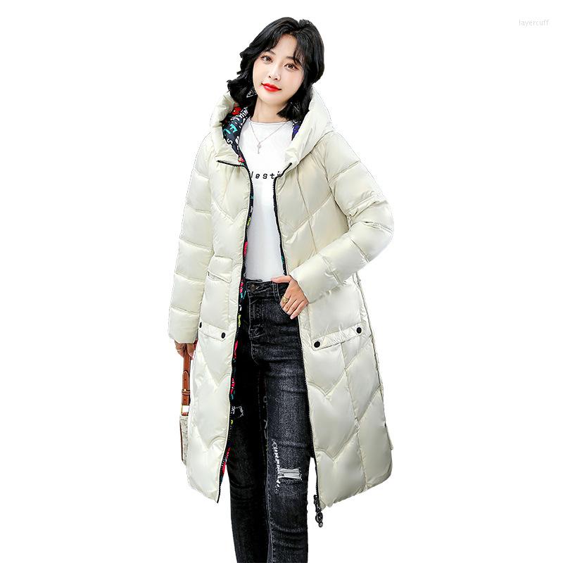 

Women's Trench Coats Reversible Graffiti Letters Women Winter Hooded Long Windproof Warm Coat Mom's Puffer Jacket Cotton Padded Parkas, Beige white