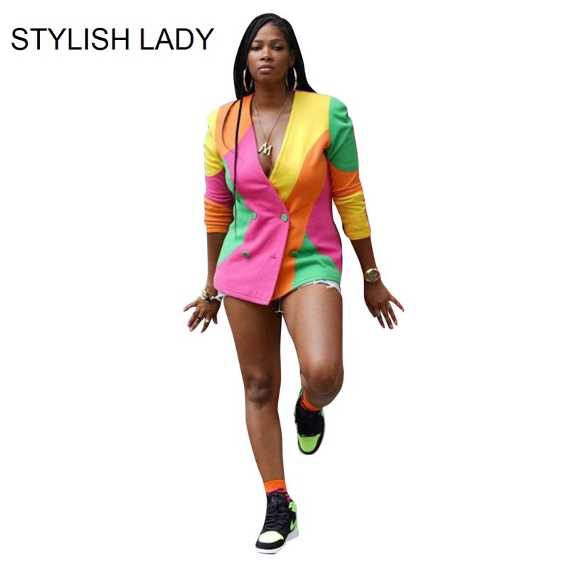 

Women' Suits & Blazers STYLISH LADY Contrast Color Blazer 2023 Autumn Women Long Sleeve V Neck Double Breasted Patchwork Office Streetwear, As picture showed