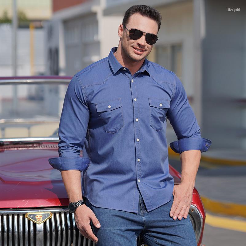 

Men's Casual Shirts Classic Fashion Two-pocket Men's Denim Long-sleeved Shirt 2023 Spring Autumn Large Size Loose Male Trendy Brand Tops, Dark blue