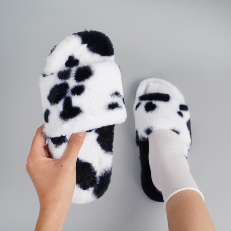 

Slippers 2023 Women Hair Warm Fashion Black And White Spotted Pattern Flat Shoes Home Peep Toe Comfoatable