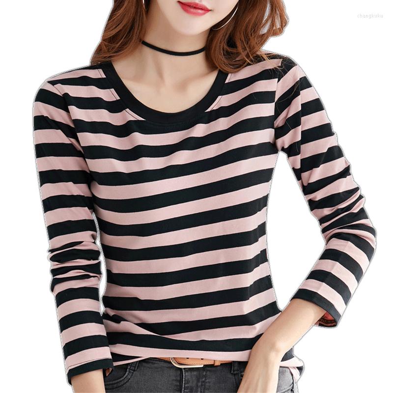 

Women's T Shirts LUKAXSIKAX 2023 Spring Autumn Women Long Sleeve T-shirt High Quality Fashion Striped Cotton Casual Tops, Green