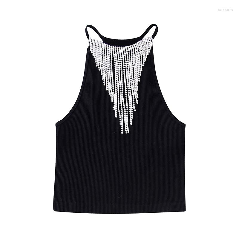 

Women' Tanks Women Spring Sexy Black Vintage Rhinestone Tank Crop Tops Fashion O-Neck Sleeveless Backless Female Camis Chic Mujer, Picture shown