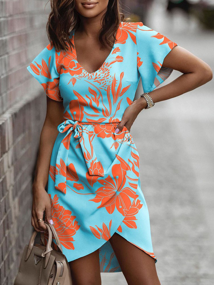

Casual Dresses Elegant Office Ladies Dress Fashion Print Summer Short Sleeve V Neck Belt Dresses For Women Casual Boho Beach Sundress 230316, Red green
