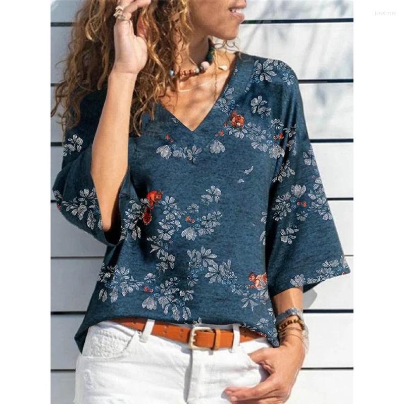 

Women' T Shirts Women Dresses Summer 2023 Casual V-neck 3/4 Sleeve Floral Print Dress Loose Plus Size Vestidos Mujer, Gray