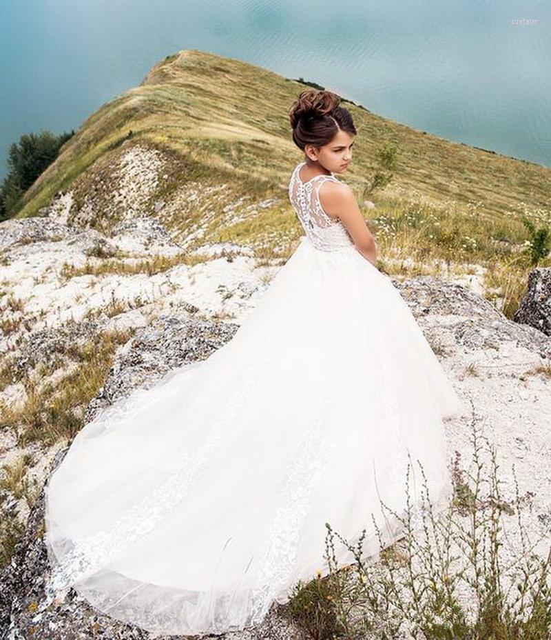 

Girl Dresses Flower Sleeveless Tulle First Holy Communion Gowns Wedding Party Pageant, As image